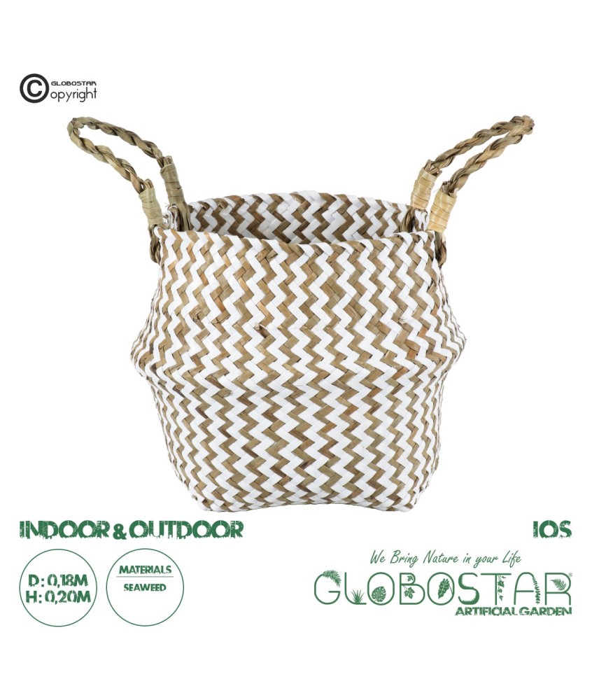 GloboStar® Artificial Garden IOS 20339 Διακοσμητικό Ψάθινο Καλάθι - Κασπώ Γλάστρα - Flower Pot Καφέ με Λευκό Φ18cm x Υ20cm